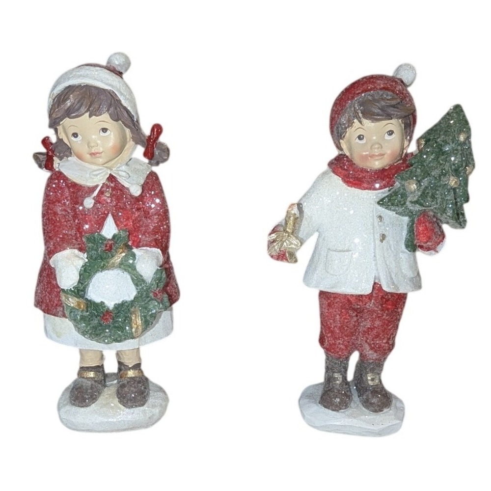 Vintage Style‎ Christmas Children Figurines Set Red White Glitter Nostalgic